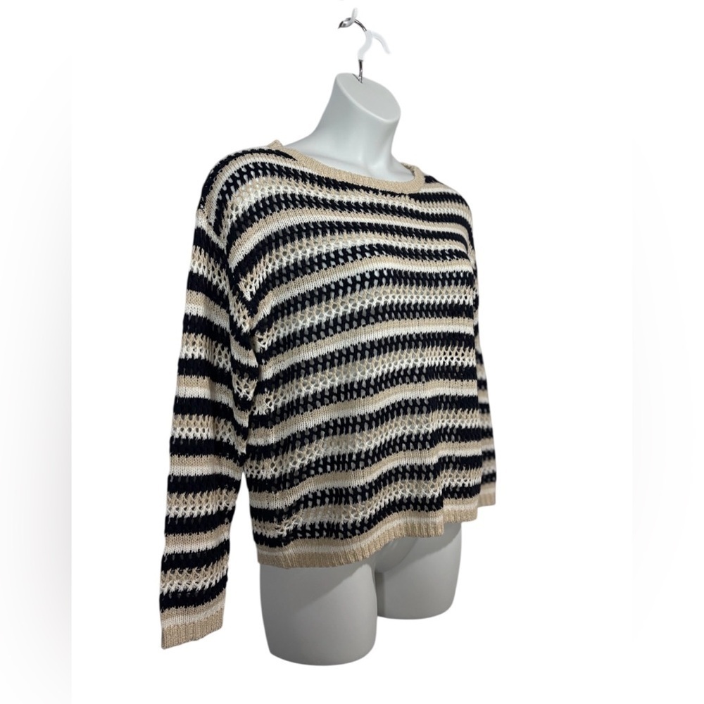 NEW, Laura, Striped Open-Knit Sweater, XL, Black, White, Cream - Picture 6 of 9